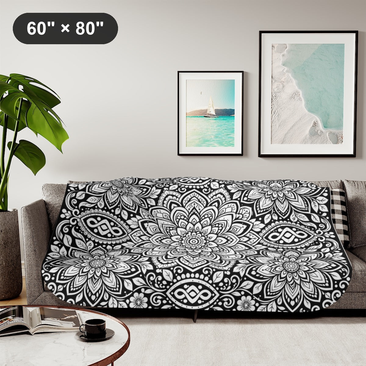 Lotus Bloom Mandala Sherpa Blanket kit shown in a lifestyle mockup - styled in a living room - 60" × 80"