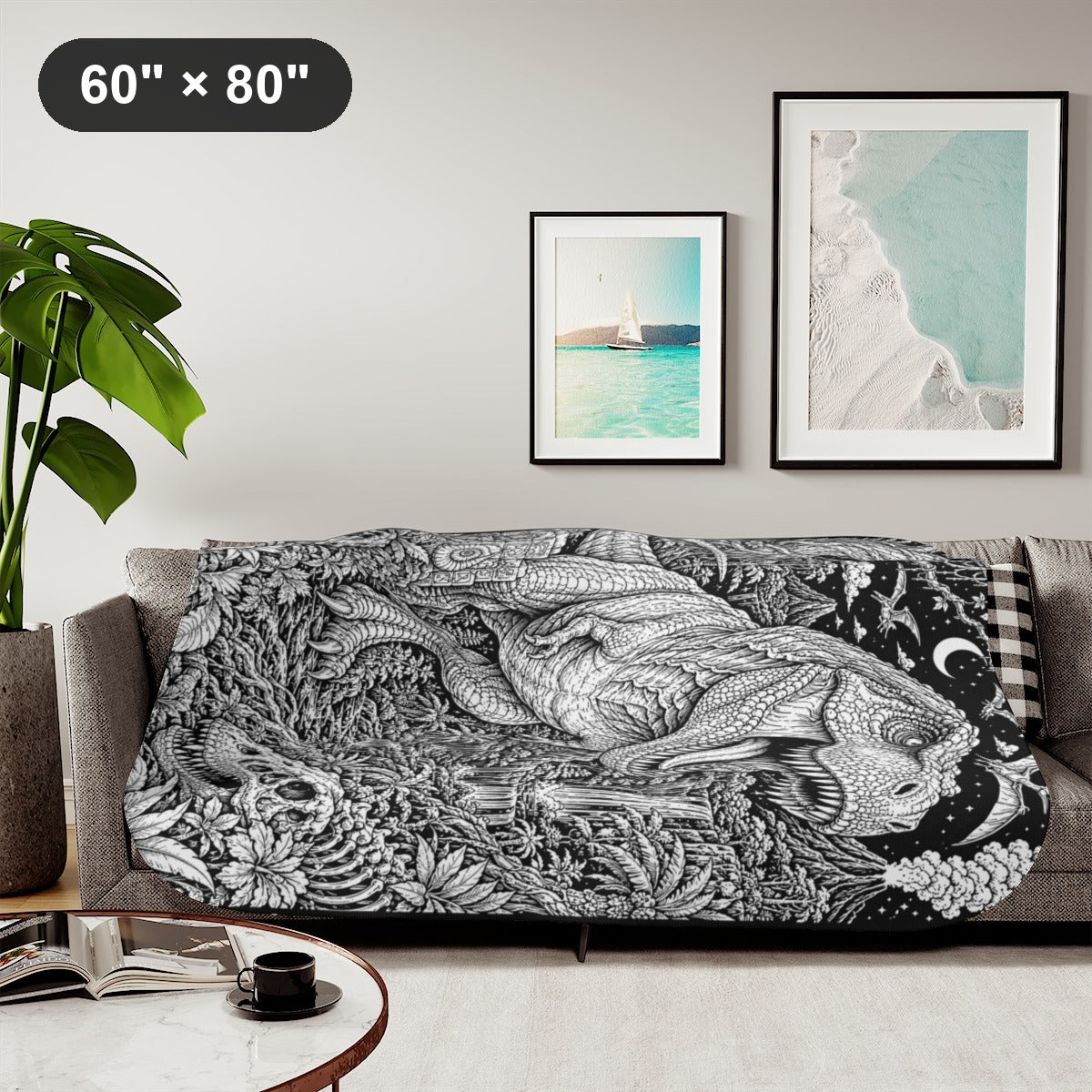 T Rex Rainforest Sherpa Blanket kit shown in a lifestyle mockup - styled in a living room - 60" × 80"