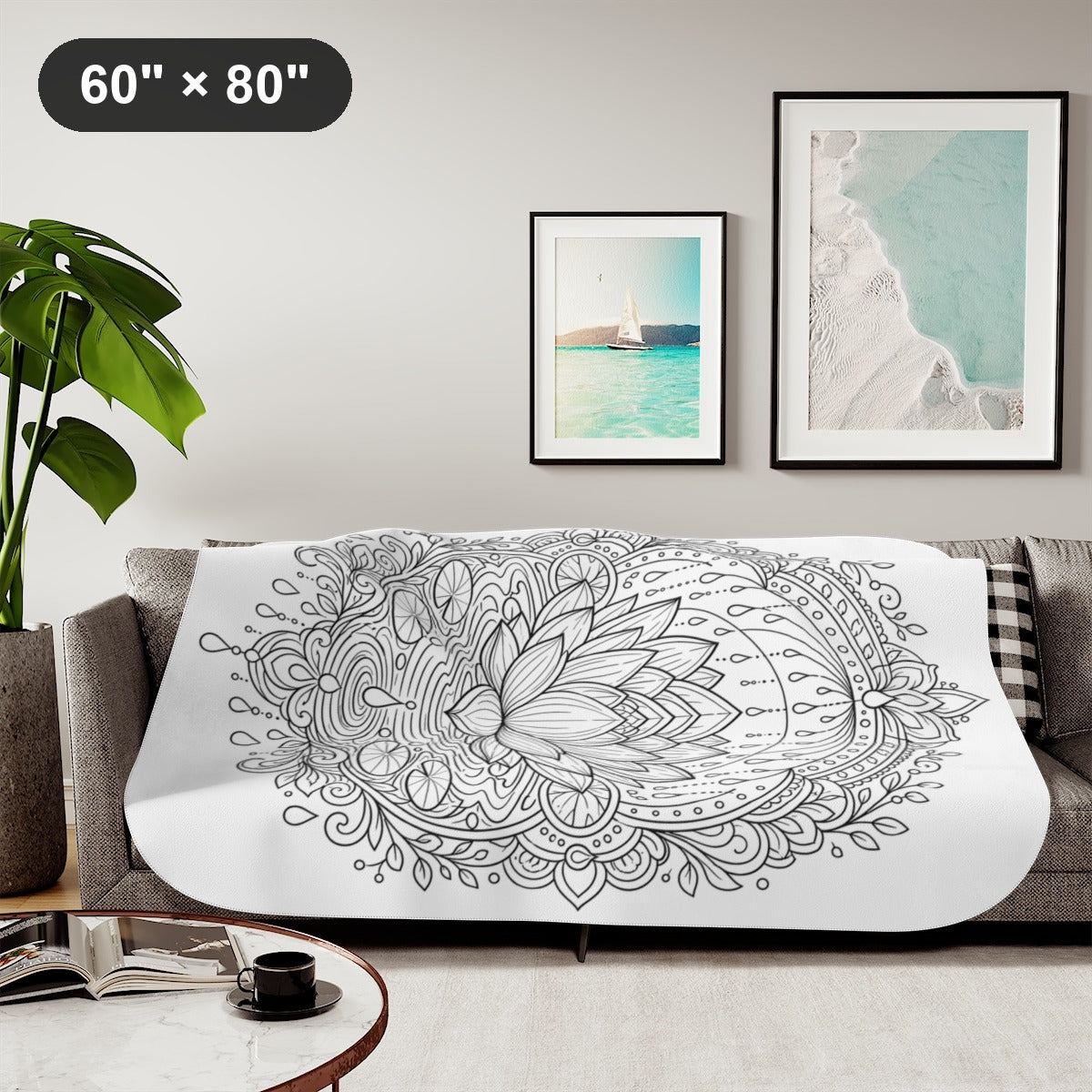 Zen Lotus Rain Mandala Sherpa Blanket kit shown in a lifestyle mockup - styled in a living room - 60" × 80"