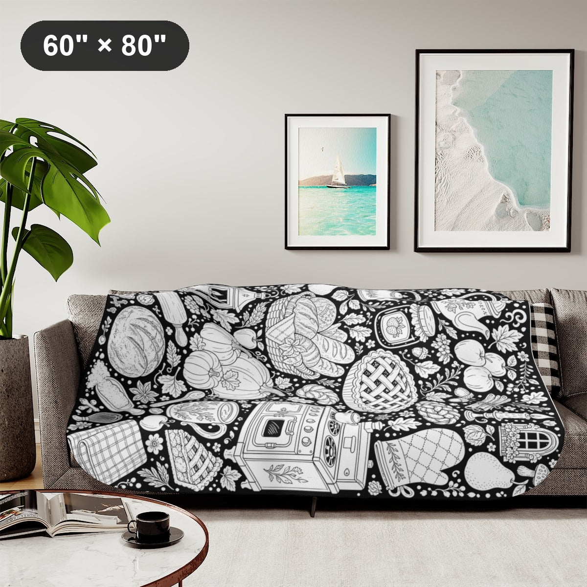 Autumn Kitchen Sherpa Blanket kit shown in a lifestyle mockup - styled in a living room - 60" × 80"