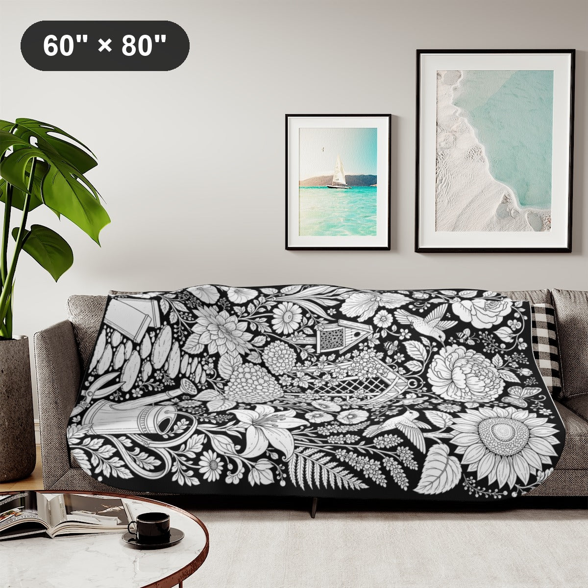 Hummingbird Flower Garden Sherpa Blanket kit shown in a lifestyle mockup - styled in a living room - 60" × 80"
