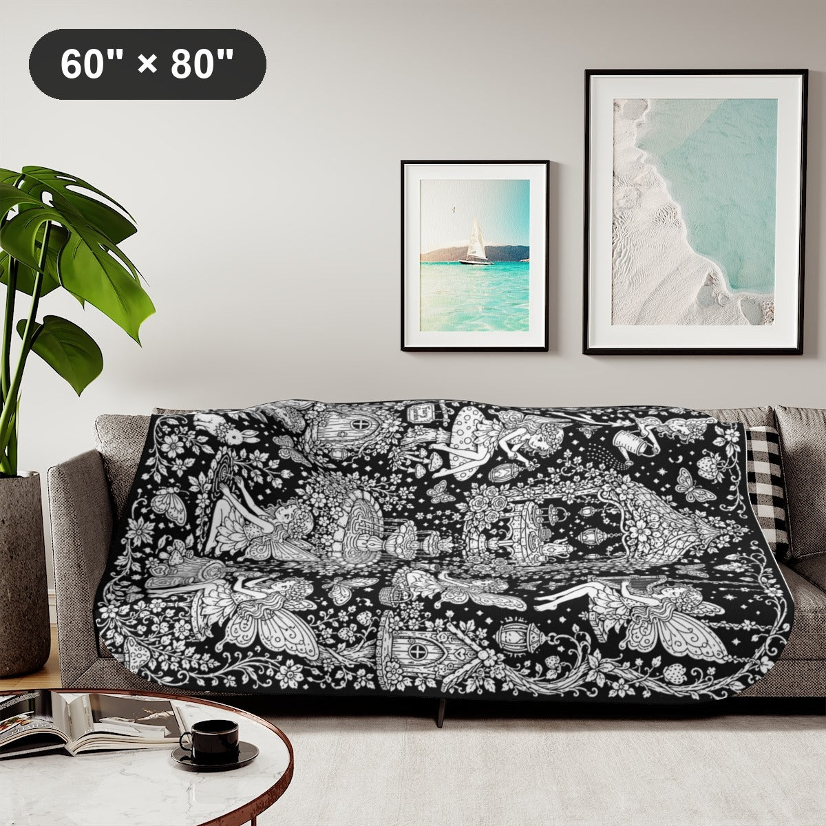 Fairy Garden Tea Party Sherpa Blanket kit shown in a lifestyle mockup - styled in a living room - 60" × 80"