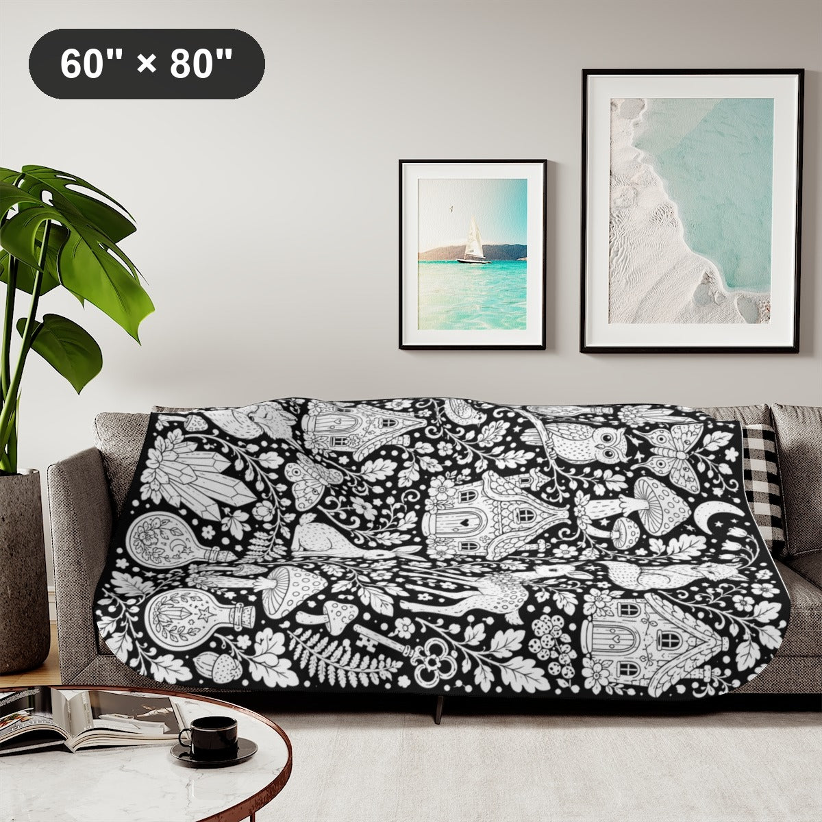 Enchanted Woodland Sherpa Blanket kit shown in a lifestyle mockup - styled in a living room - 60" × 80"
