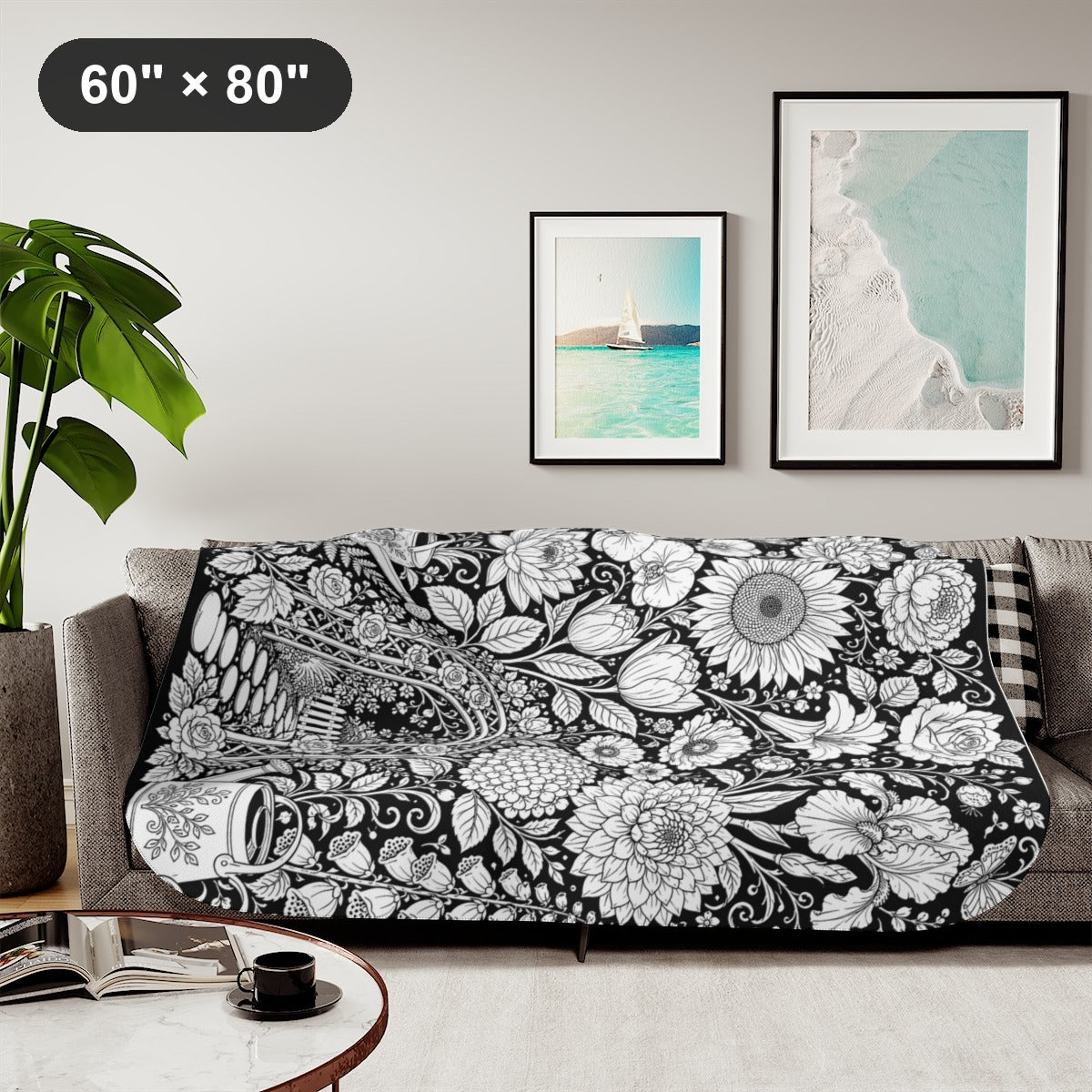 Garden Arbor Blooms Sherpa Blanket kit shown in a lifestyle mockup - styled in a living room - 60" × 80"