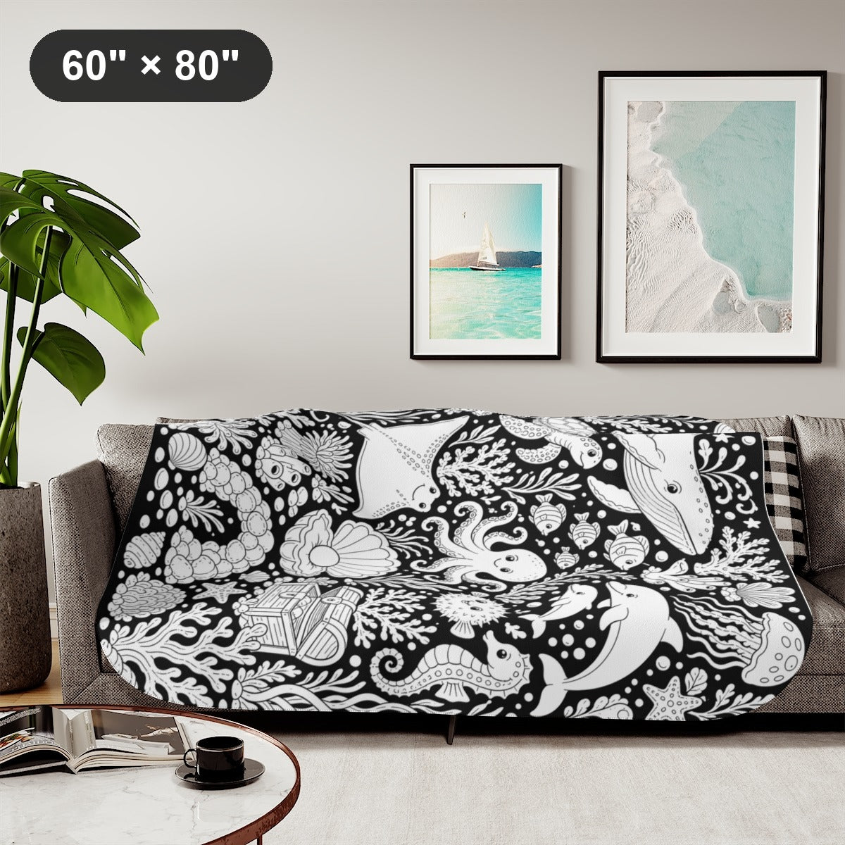 Ocean Reef Friends Sherpa Blanket kit shown in a lifestyle mockup - styled in a living room - 60" × 80"