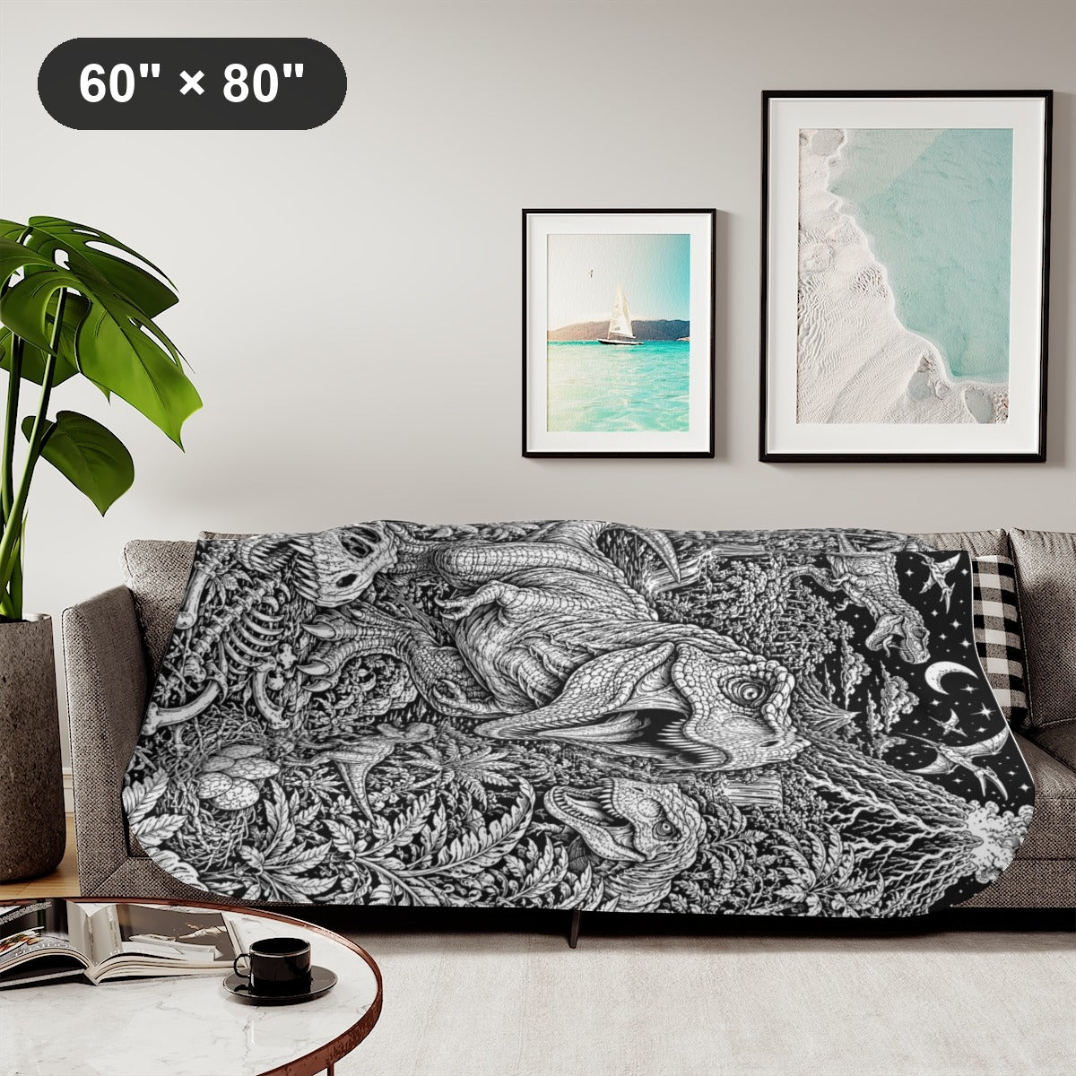 Dinosaur Volcano Valley Sherpa Blanket kit shown in a lifestyle mockup - styled in a living room - 60" × 80"
