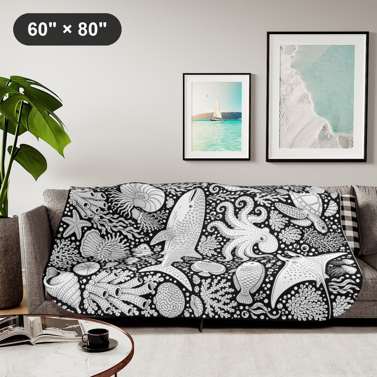Tropical Coral Reef Sherpa Blanket kit shown in a lifestyle mockup - styled in a living room - 60" × 80"