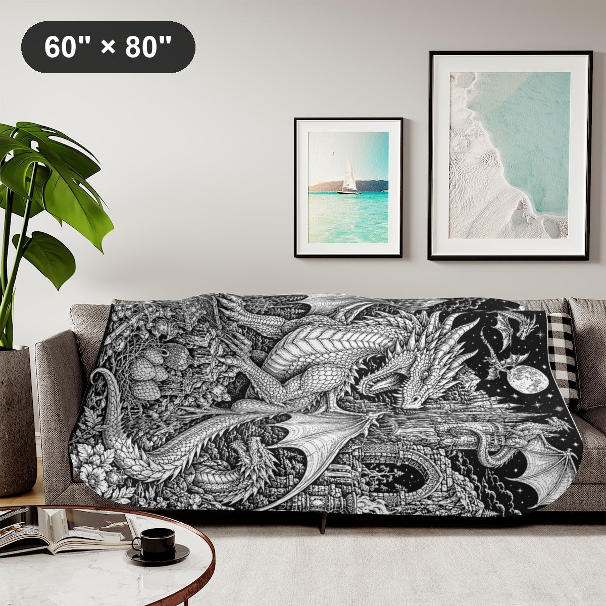 Moonlit Dragon Castle Sherpa Blanket kit shown in a lifestyle mockup - styled in a living room - 60" × 80"