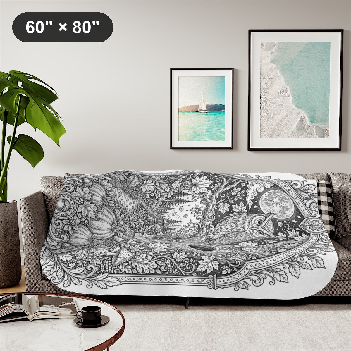 Autumn Moonlit Owl Sherpa Blanket kit shown in a lifestyle mockup - styled in a living room - 60" × 80"