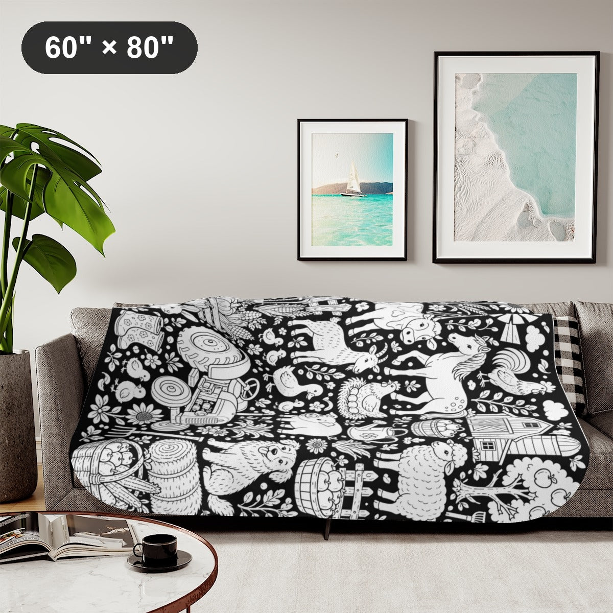 Farmyard Friends Harvest Sherpa Blanket kit shown in a lifestyle mockup - styled in a living room - 60" × 80"