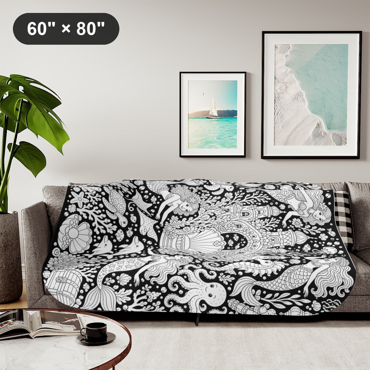 Mermaid Coral Kingdom Sherpa Blanket kit shown in a lifestyle mockup - styled in a living room - 60" × 80"