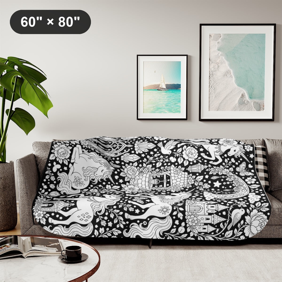 Unicorn Meadow Sherpa Blanket kit shown in a lifestyle mockup - styled in a living room - 60" × 80"
