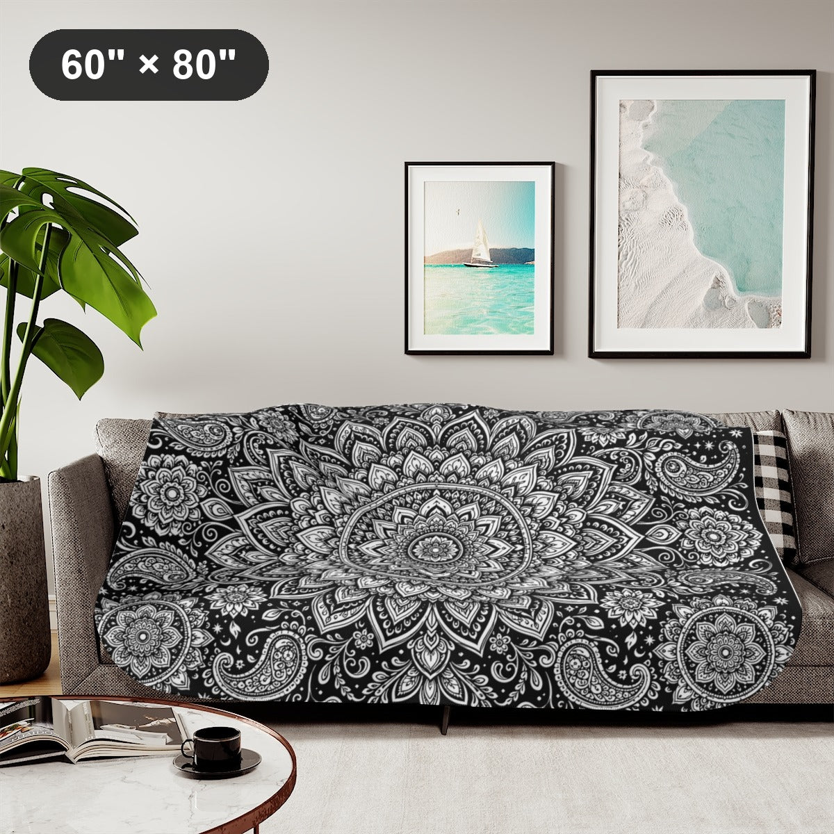 Paisley Flower Mandala Sherpa Blanket kit shown in a lifestyle mockup - styled in a living room - 60" × 80"