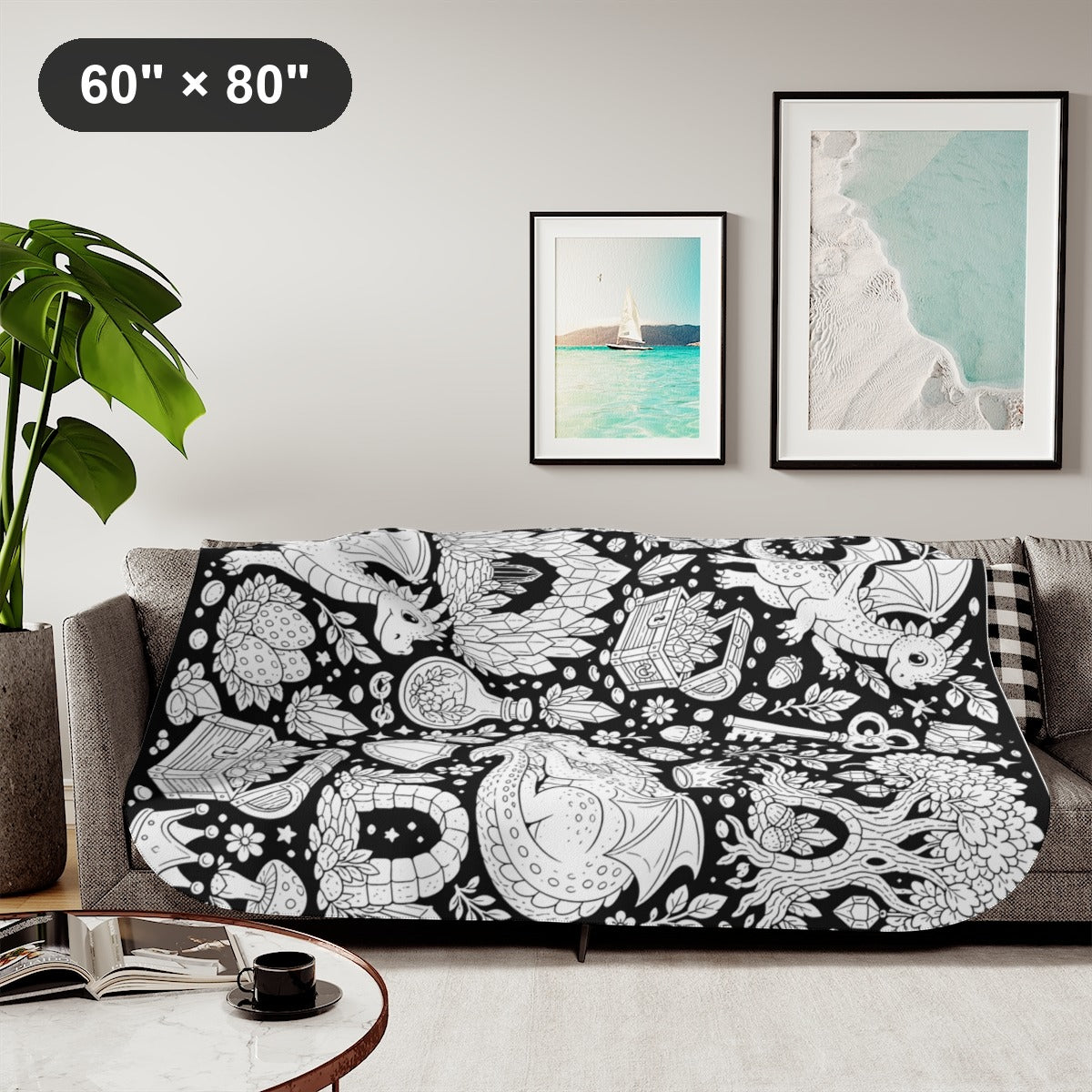 Baby Dragon Treasure Grove Sherpa Blanket kit shown in a lifestyle mockup - styled in a living room - 60" × 80"