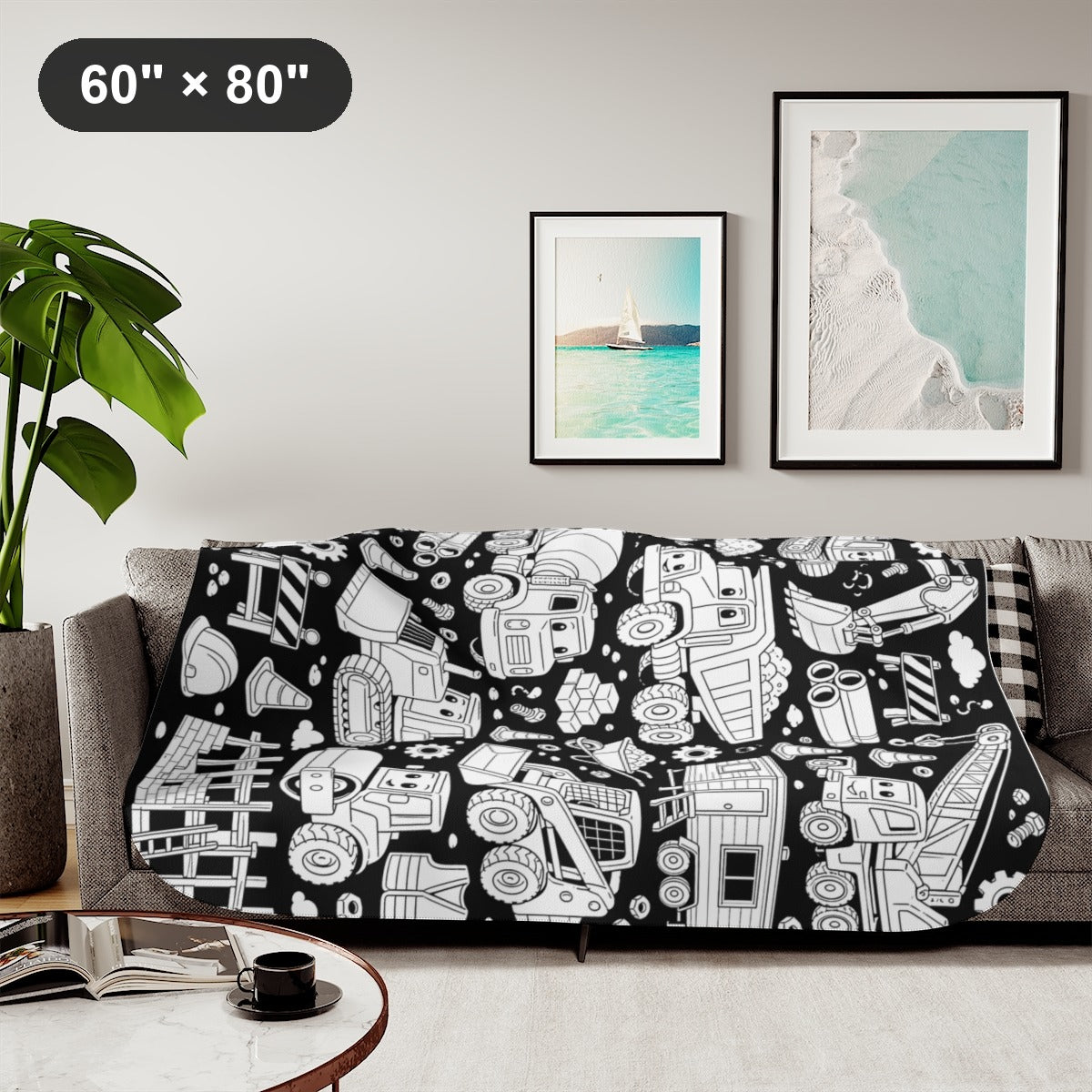 Happy Construction Trucks Sherpa Blanket kit shown in a lifestyle mockup - styled in a living room - 60" × 80"