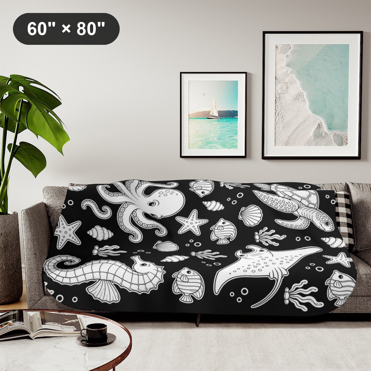 Ocean Friends Sherpa Blanket kit shown in a lifestyle mockup - styled in a living room - 60" × 80"