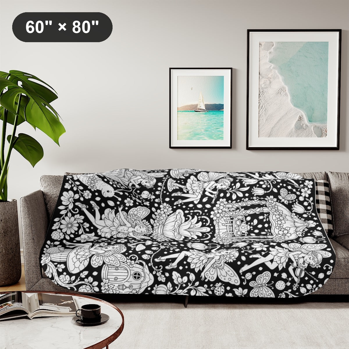 Fairy Garden Festival Sherpa Blanket kit shown in a lifestyle mockup - styled in a living room - 60" × 80"