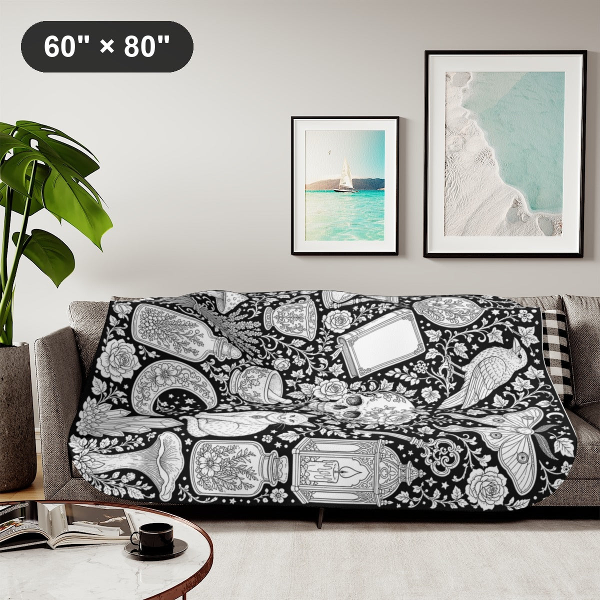 Gothic Apothecary Sherpa Blanket kit shown in a lifestyle mockup - styled in a living room - 60" × 80"