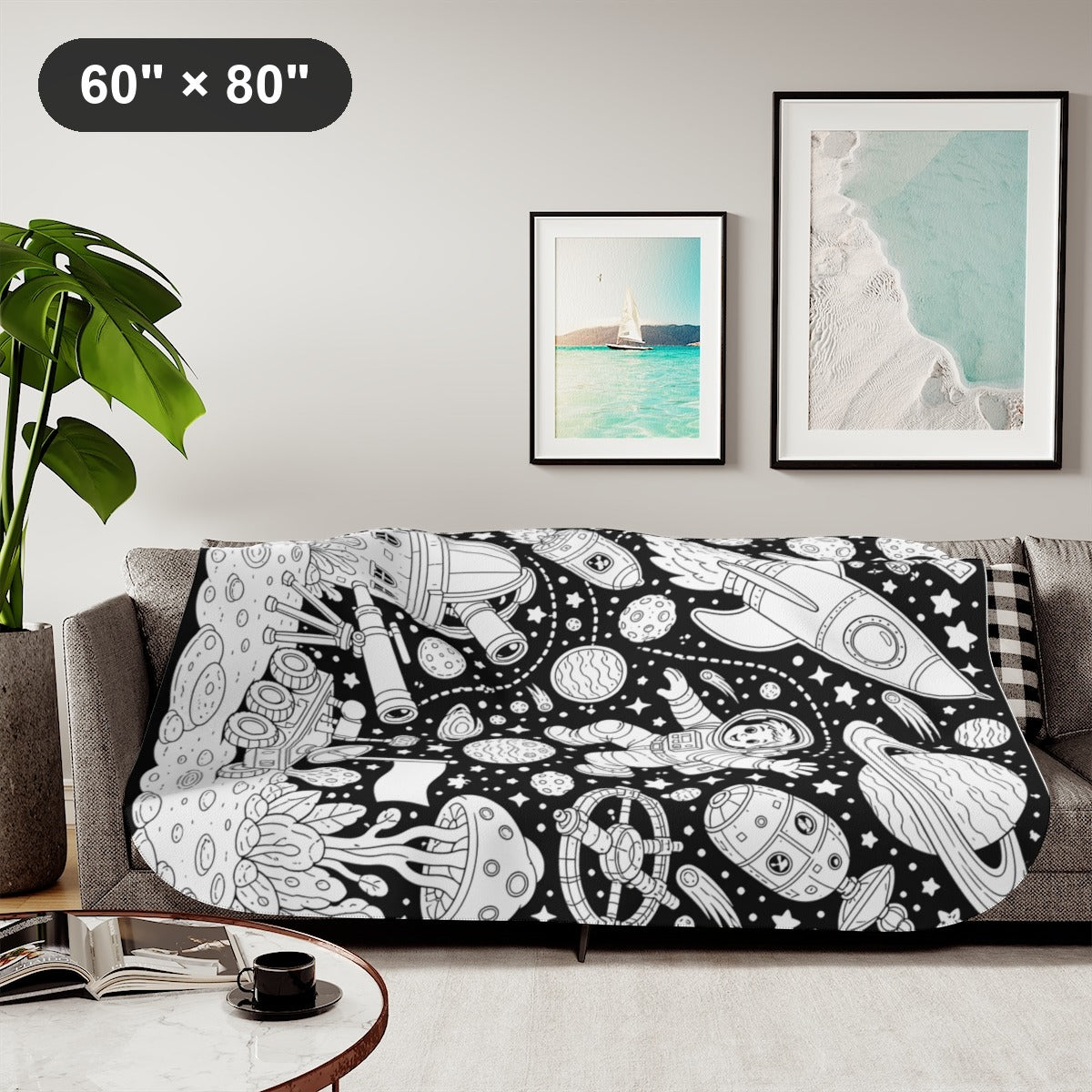 Kids Space Adventure Sherpa Blanket kit shown in a lifestyle mockup - styled in a living room - 60" × 80"