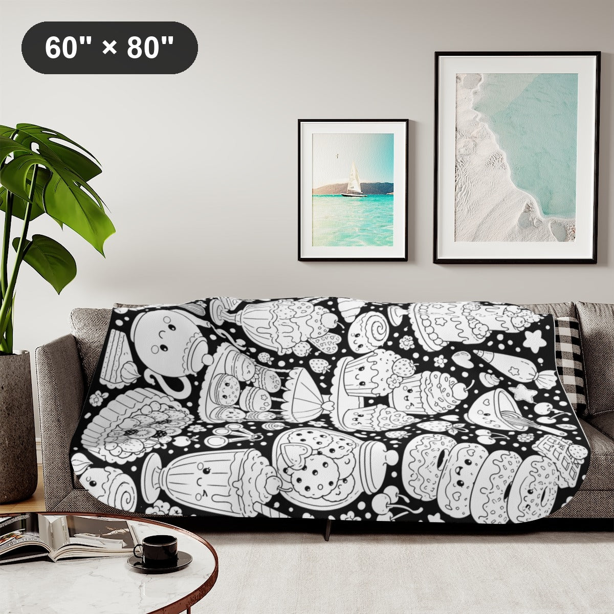 Kawaii Sweet Treats Sherpa Blanket kit shown in a lifestyle mockup - styled in a living room - 60" × 80"