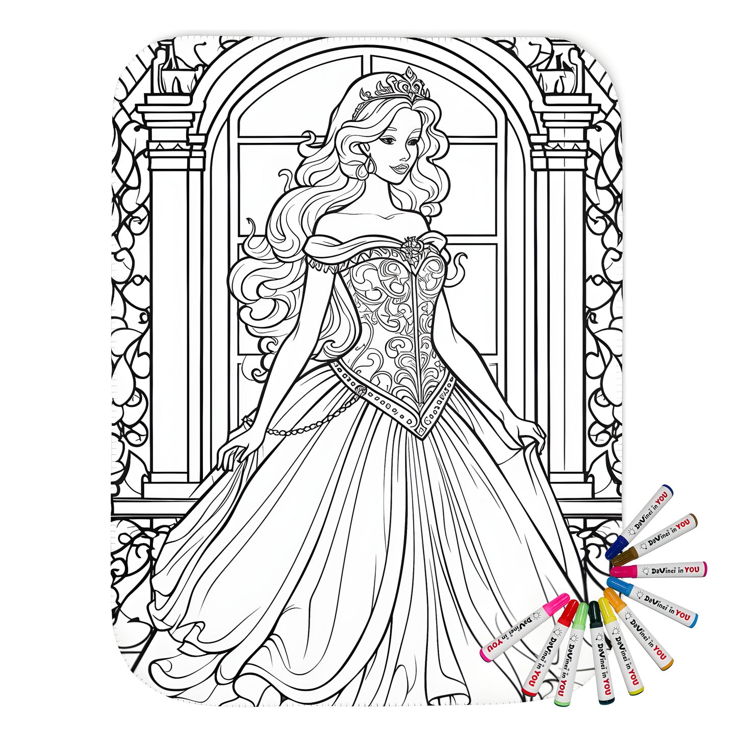 Blanket with delicate princess illustration, featuring long hair and regal attire