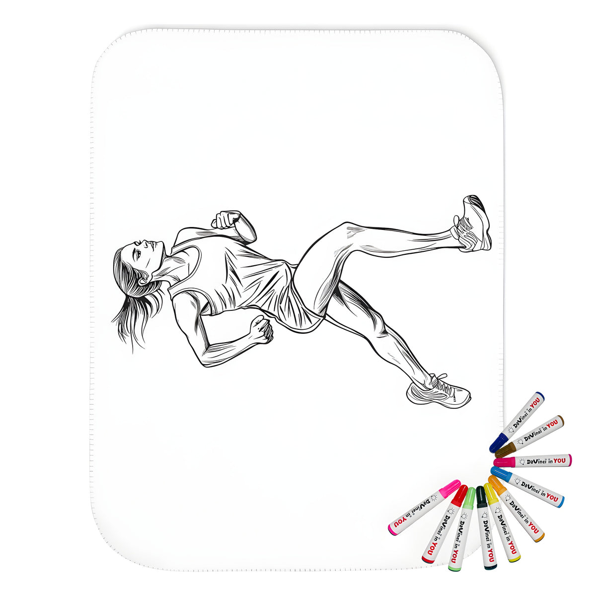 A vibrant blanket featuring a dynamic illustration of a woman in motion, perfect for runners and athletes alike. Includes running-themed designs.