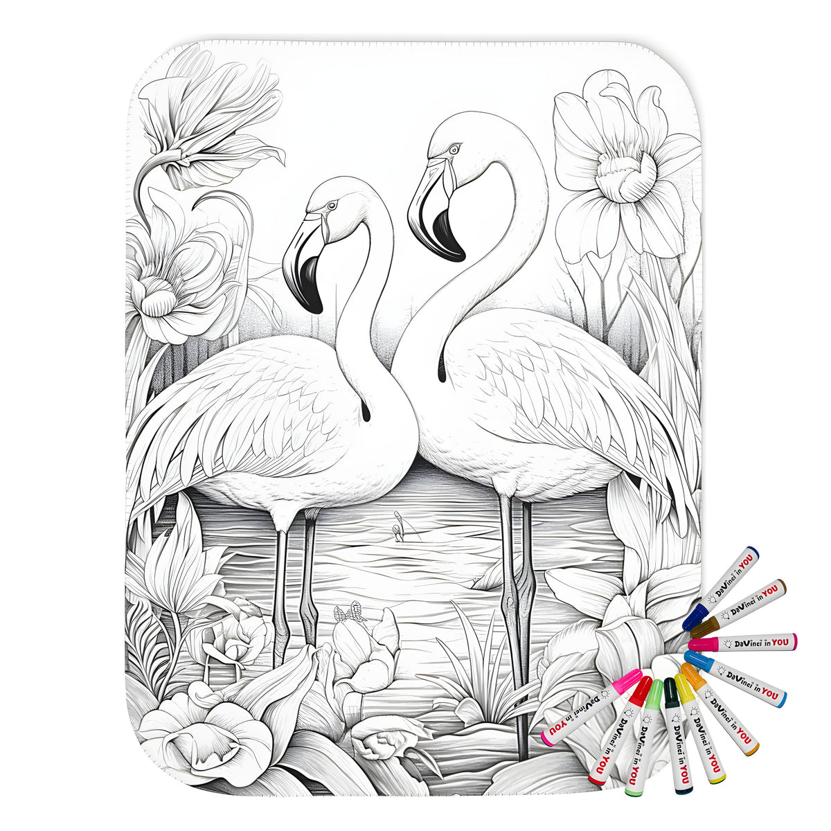 Colorful blanket featuring a vibrant illustration of flamingos, pink birds, waterfowl, and tropical scenery