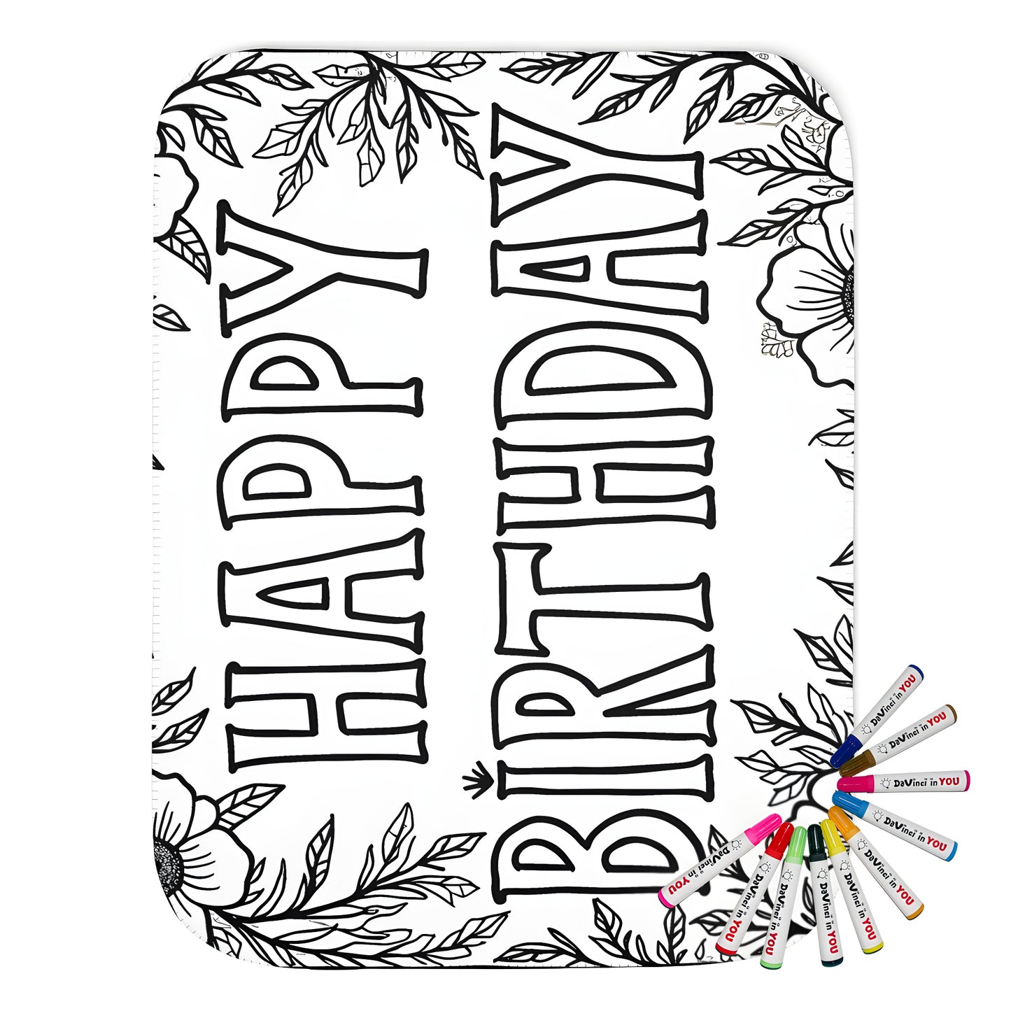 Birthday themed blanket with Happy Birthday greeting, floral and leaf patterns printed on soft fabric