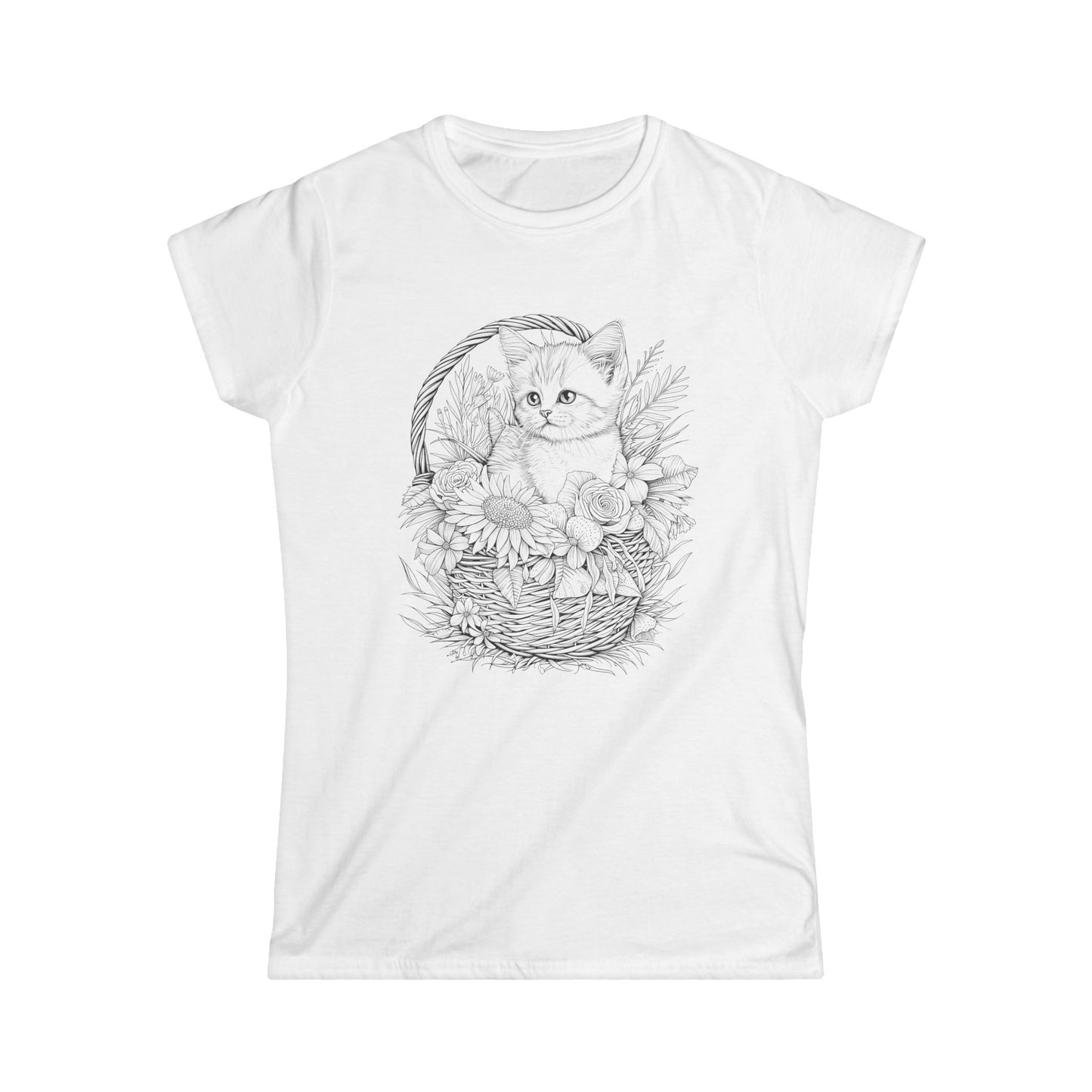 "White t-shirt featuring an illustration of a black and white cat sitting in a colorful flower-filled basket."