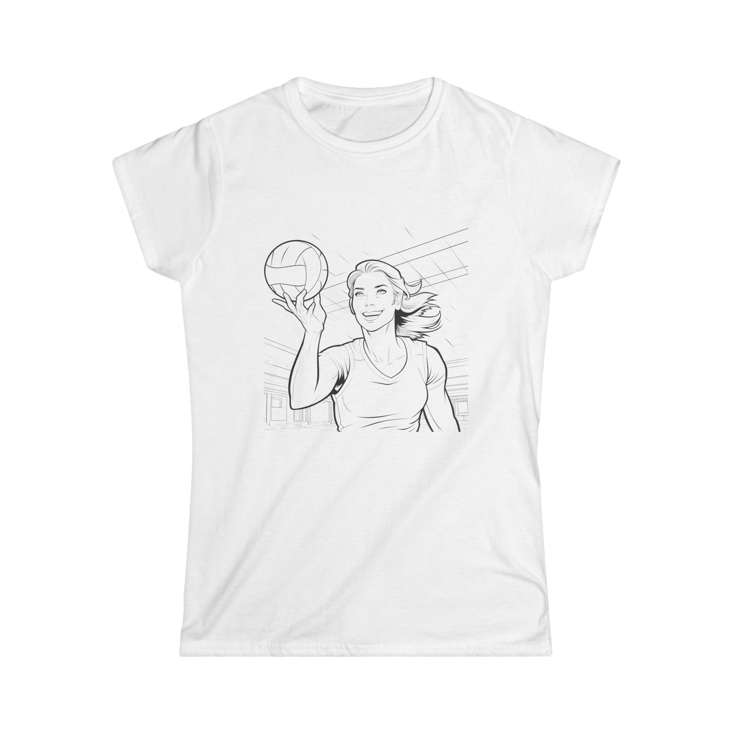 "White t-shirt featuring a black and white graphic of an athlete holding a basketball."