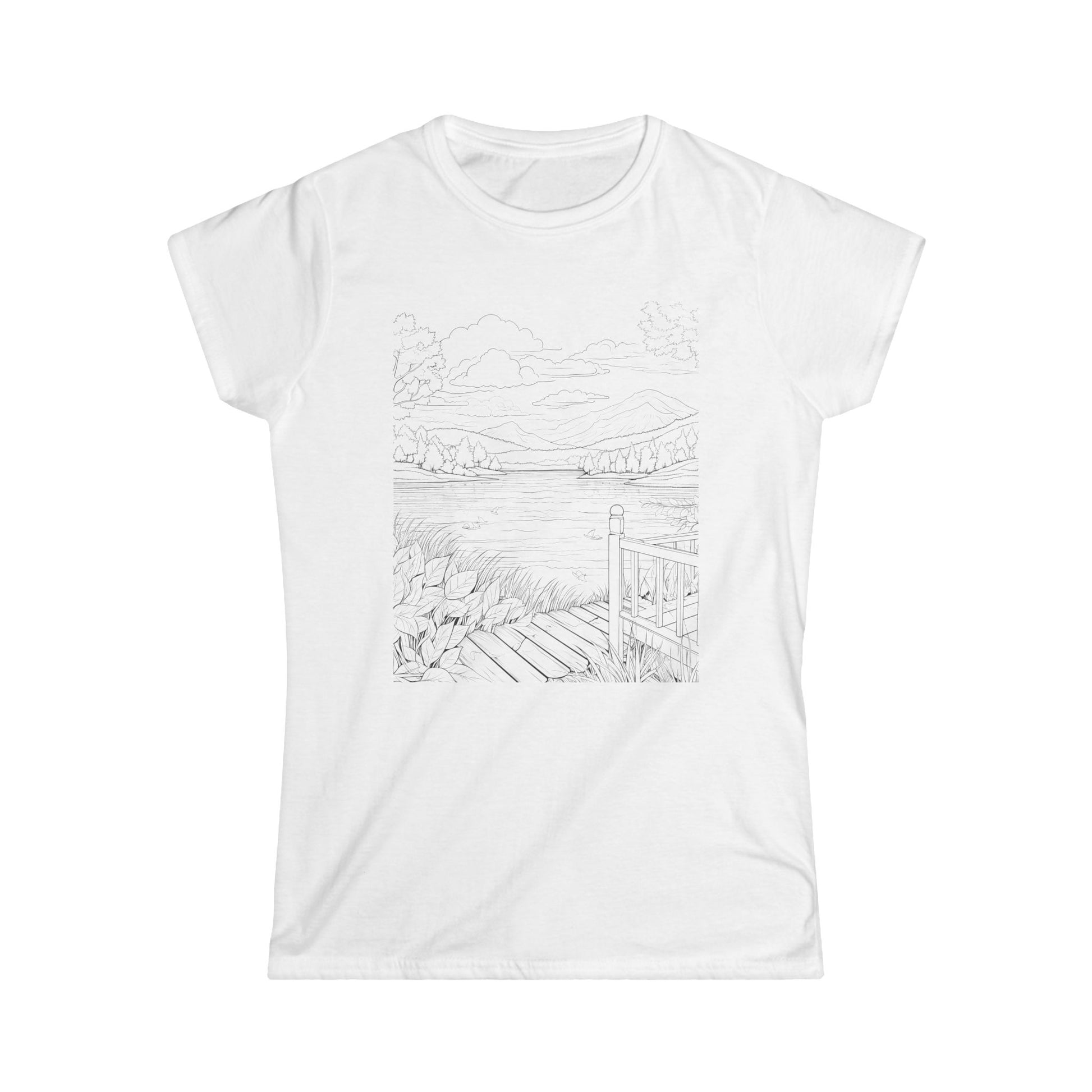 "Nautical-themed white t-shirt featuring an artistic, black and white illustration of a pier overlooking the ocean"