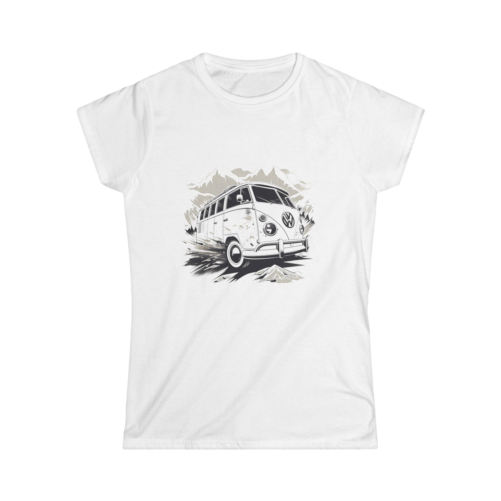 "White t-shirt featuring a vintage-style illustration of a classic Volkswagen camper van."