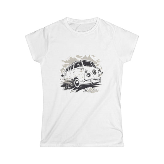 "White t-shirt featuring a vintage-style illustration of a classic Volkswagen camper van."