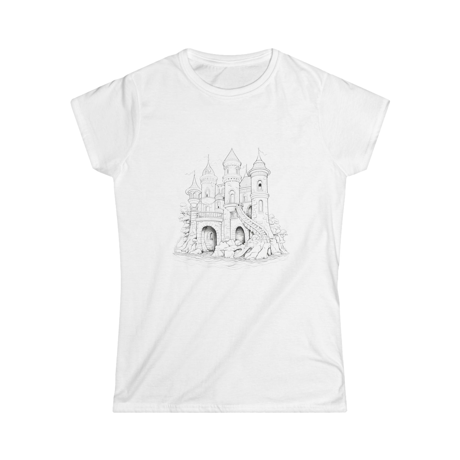 "Whimsical castle illustration on a white t-shirt"