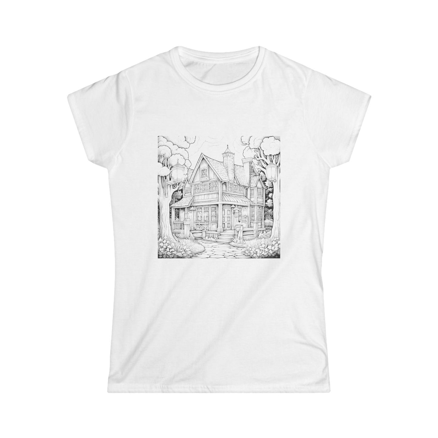 "White T-shirt featuring a detailed black and white illustration of a house on the front."