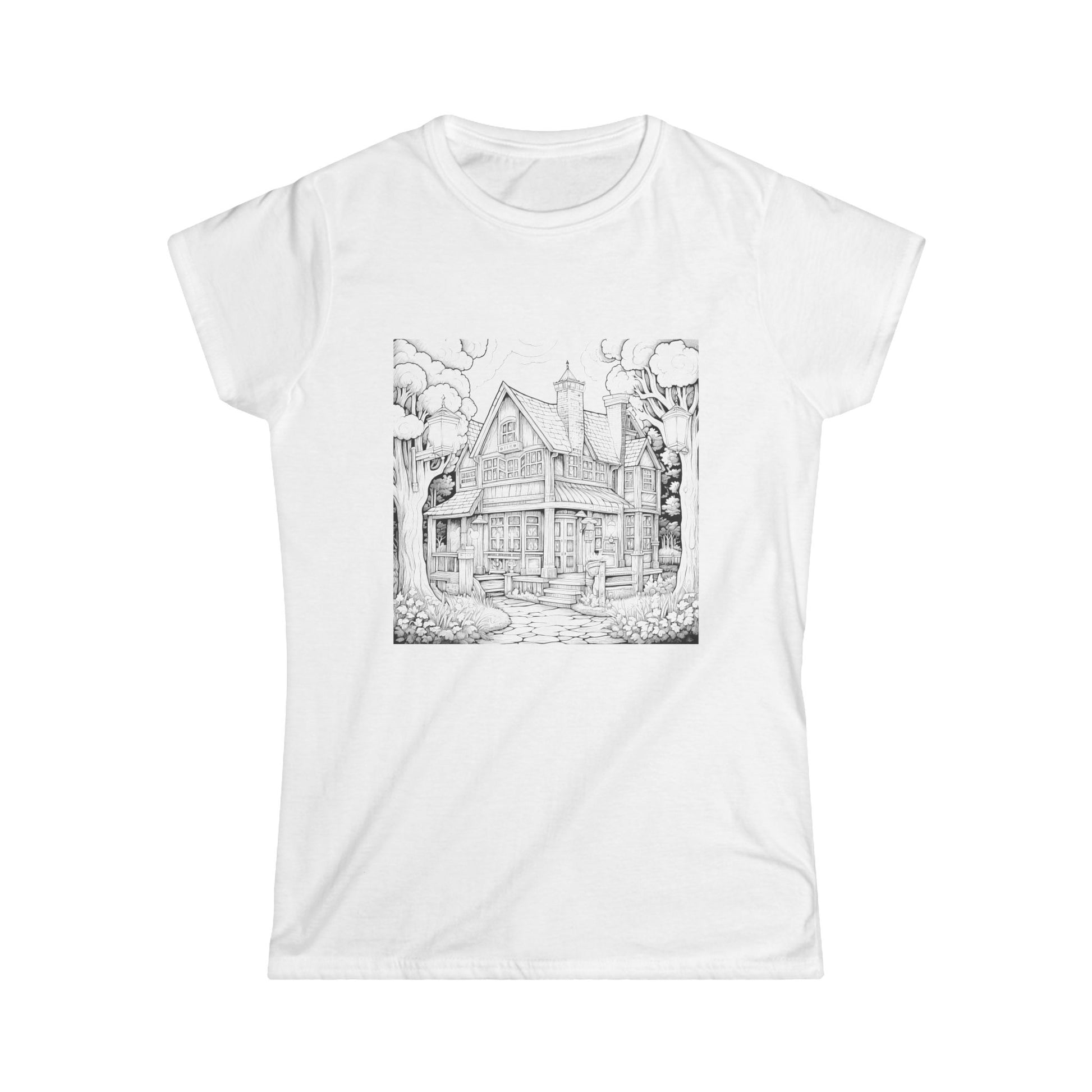 "White T-shirt featuring a detailed black and white illustration of a house on the front."