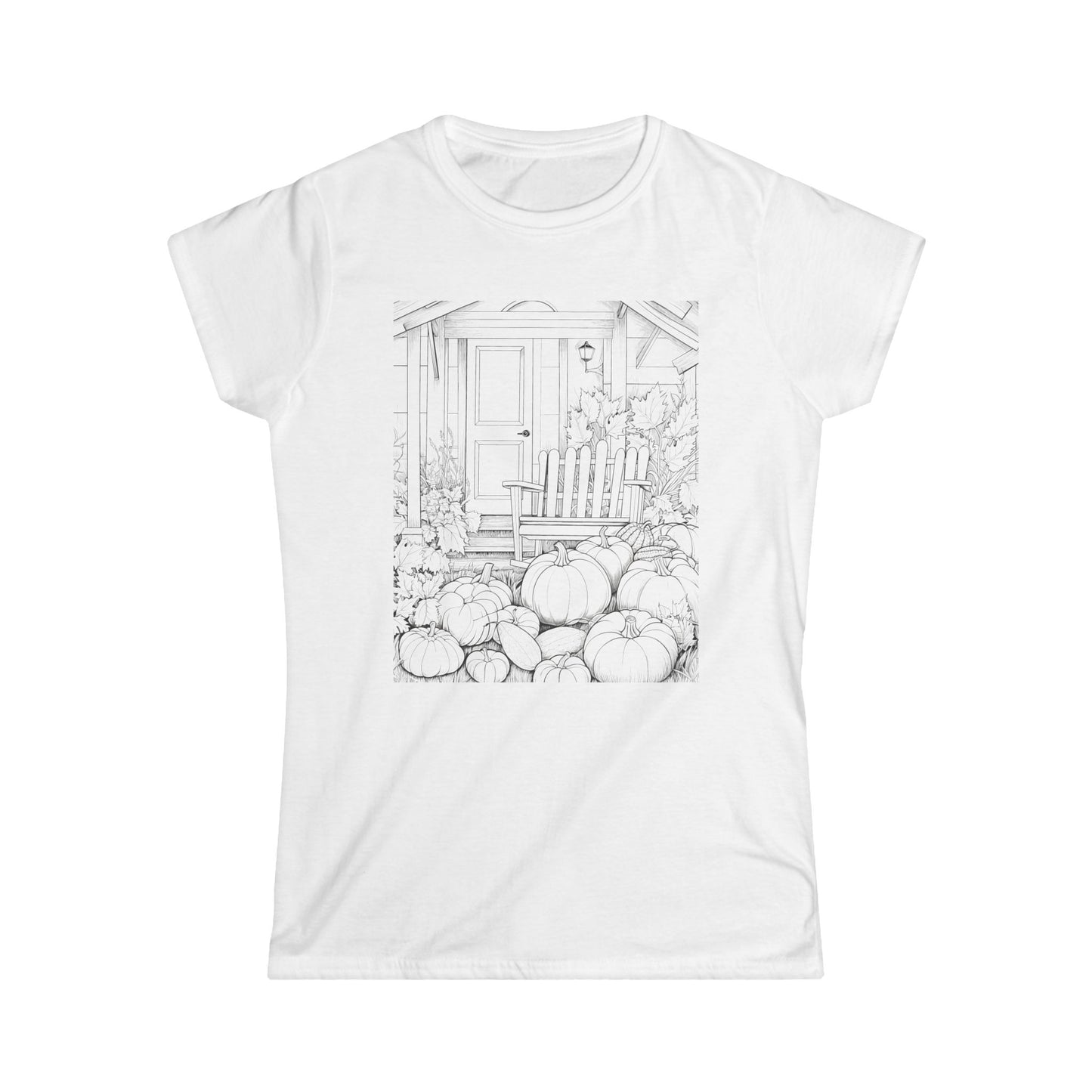 "White t-shirt with black and white illustration of autumn scene featuring pumpkins on porch"