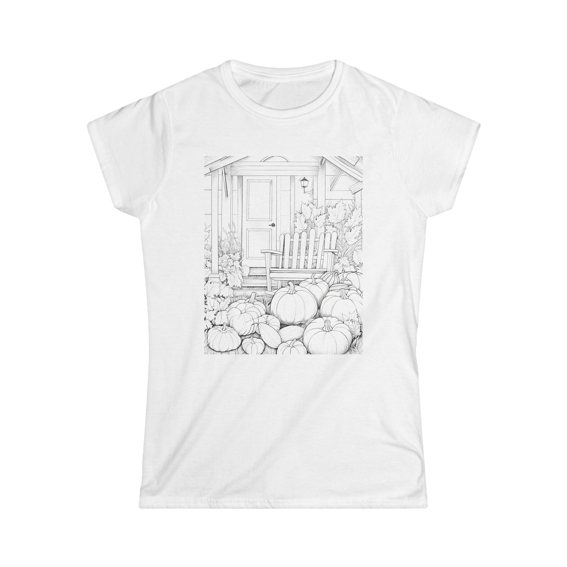 "White t-shirt with black and white illustration of autumn scene featuring pumpkins on porch"