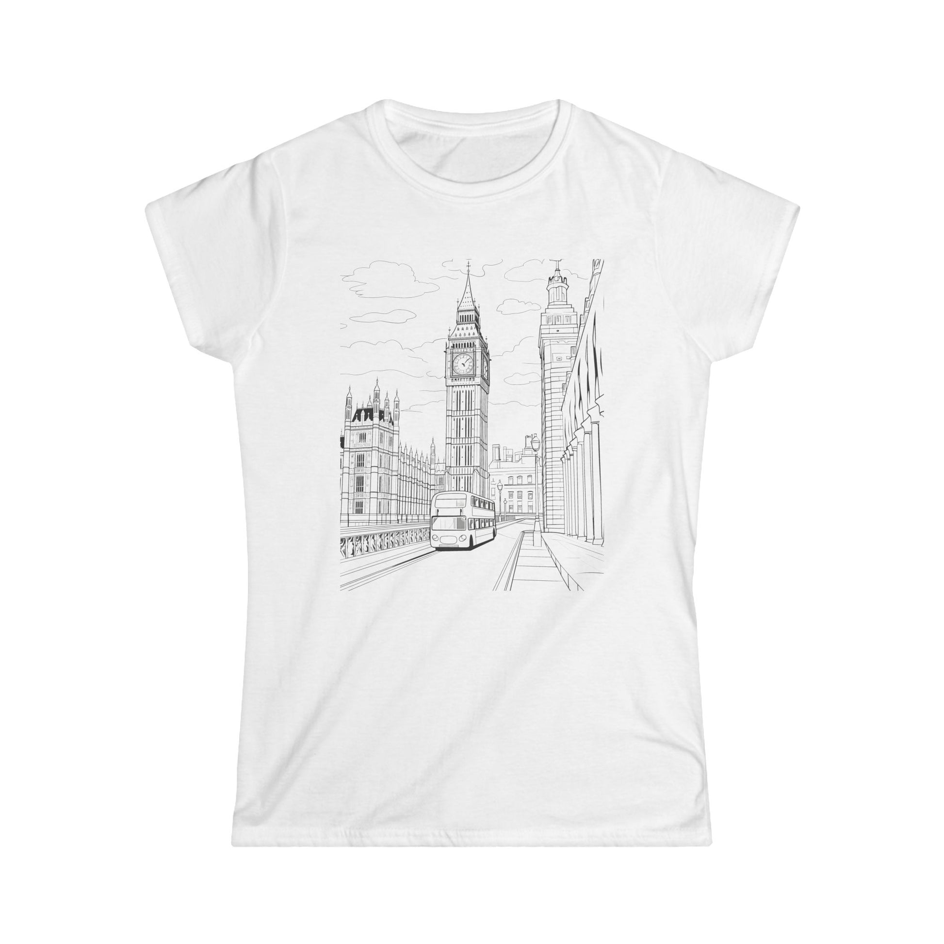 "White t-shirt featuring a black and white illustration of the Big Ben clock tower in London."