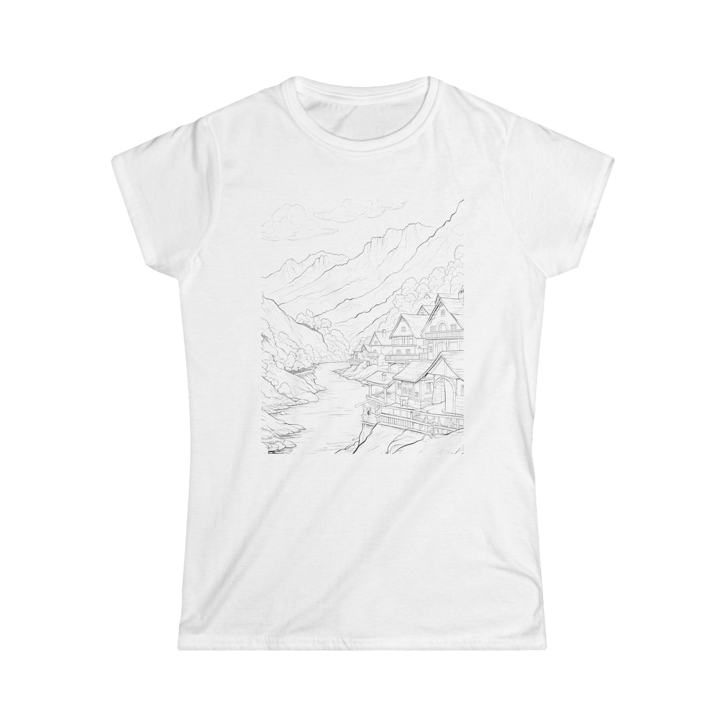 "Mountainous landscape illustration on white t-shirt featuring a serene village nestled among trees and buildings."