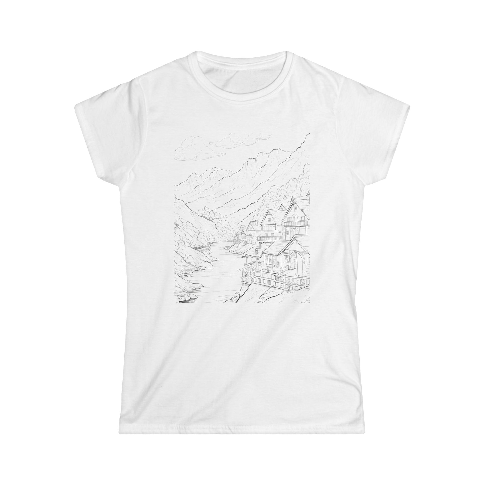 "Mountainous landscape illustration on white t-shirt featuring a serene village nestled among trees and buildings."