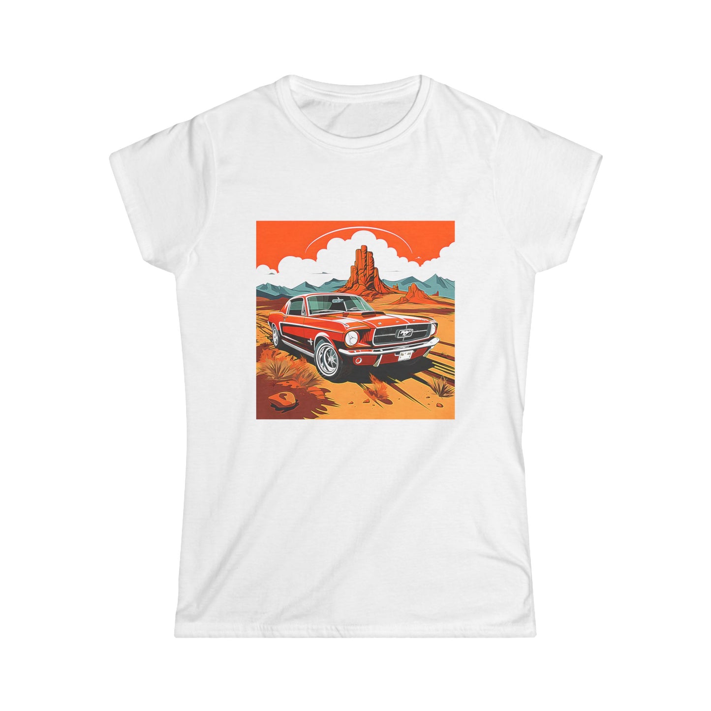 "A white t-shirt featuring a retro-style illustration of an orange Ford Mustang muscle car set against a backdrop of Monument Valley Navajo Tribal Park in Arizona, with a stylized sunrise or sunset above the car."