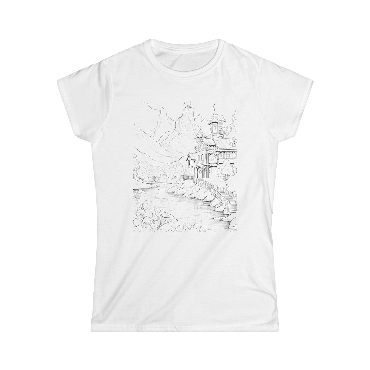 "Coastal town cityscape graphic on white t-shirt"