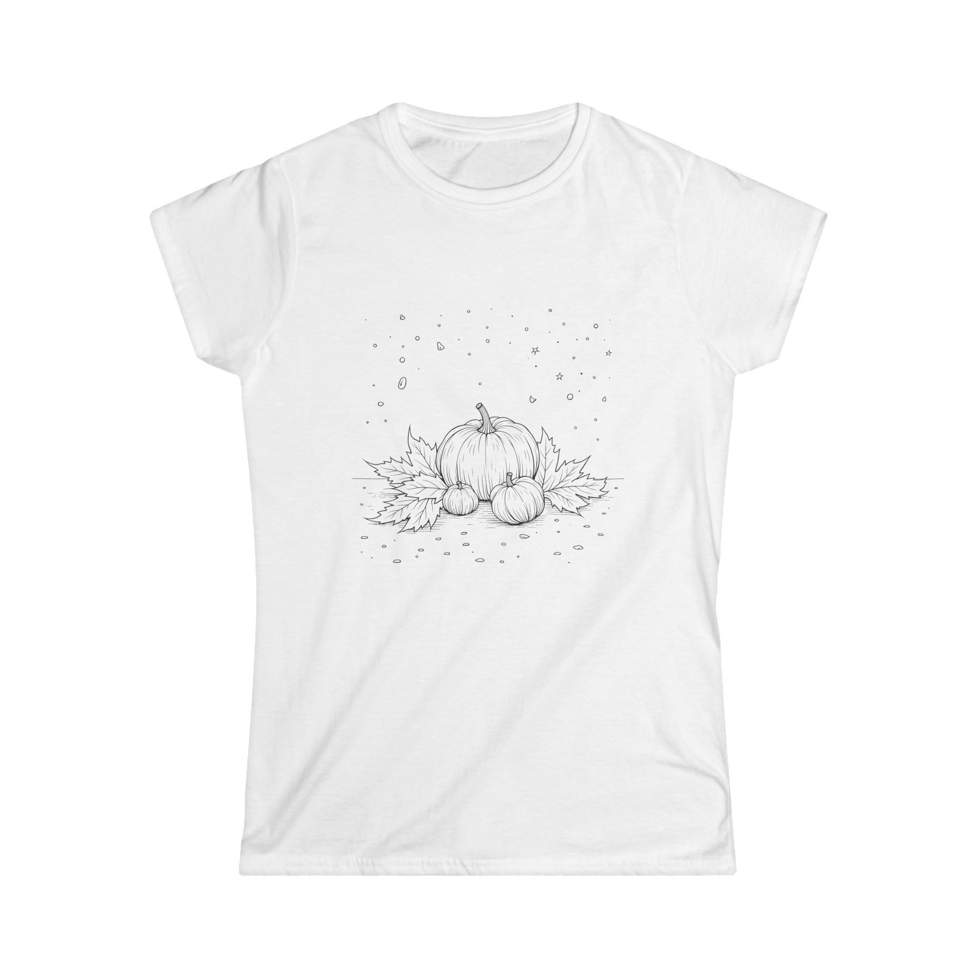 "White t-shirt featuring a hand-drawn graphic design of a flower surrounded by snowflakes or petals, with a small bird or dragonfly near the top left corner."