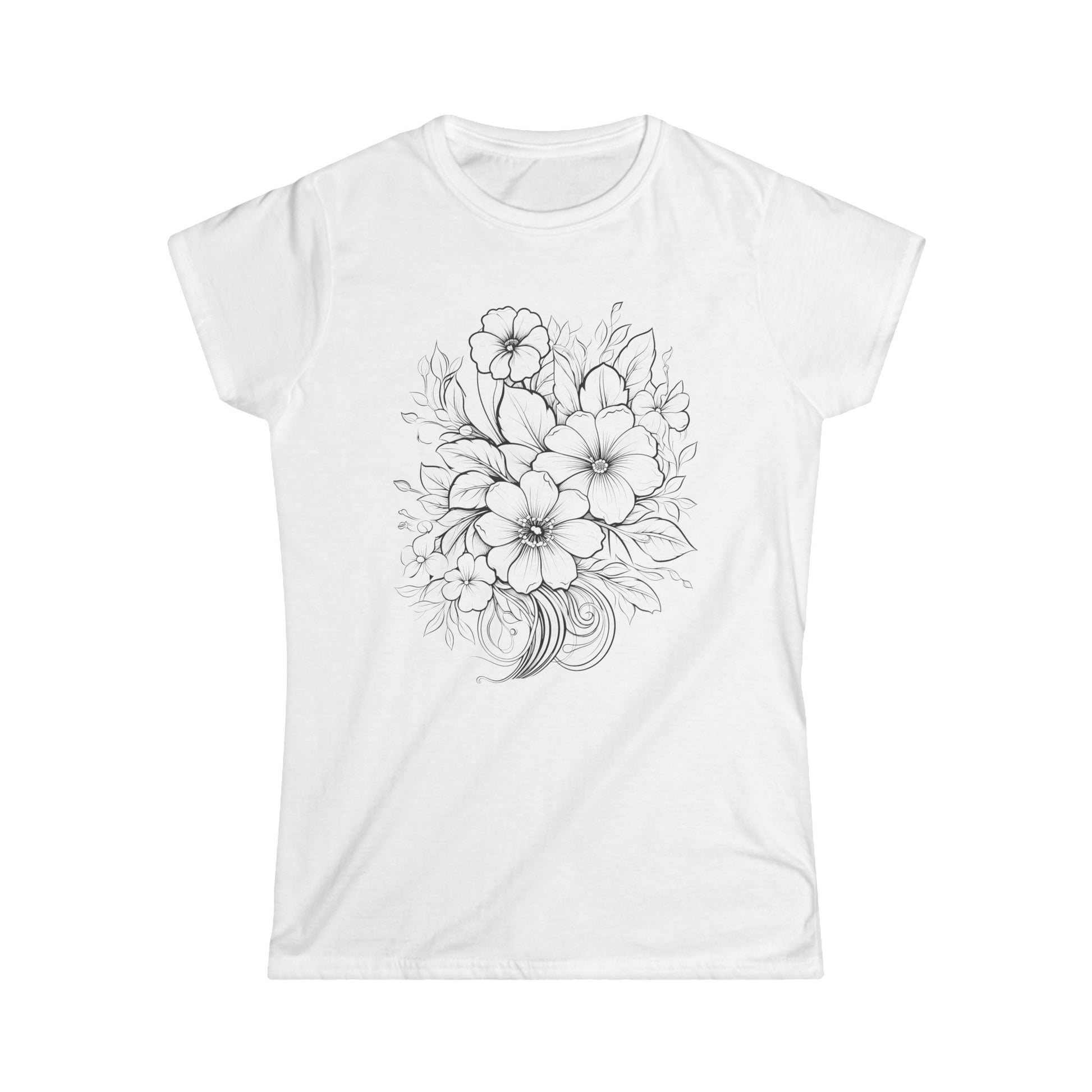 "White t-shirt featuring a black illustration of a bouquet of flowers"