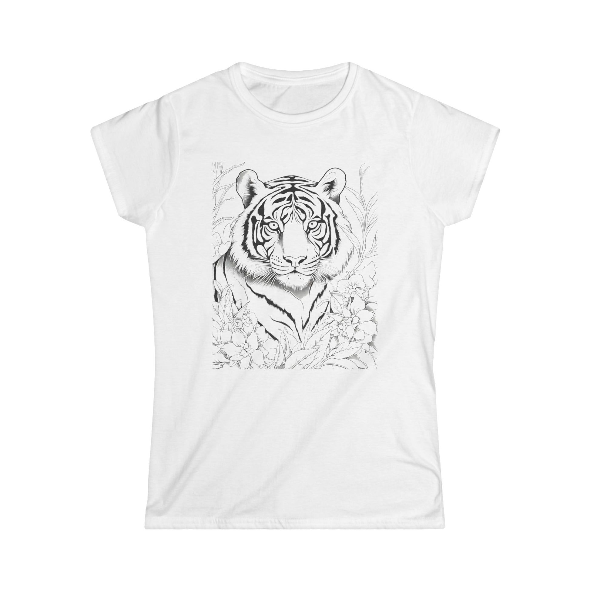 "White T-shirt with intricate black and white tiger design on a white background"