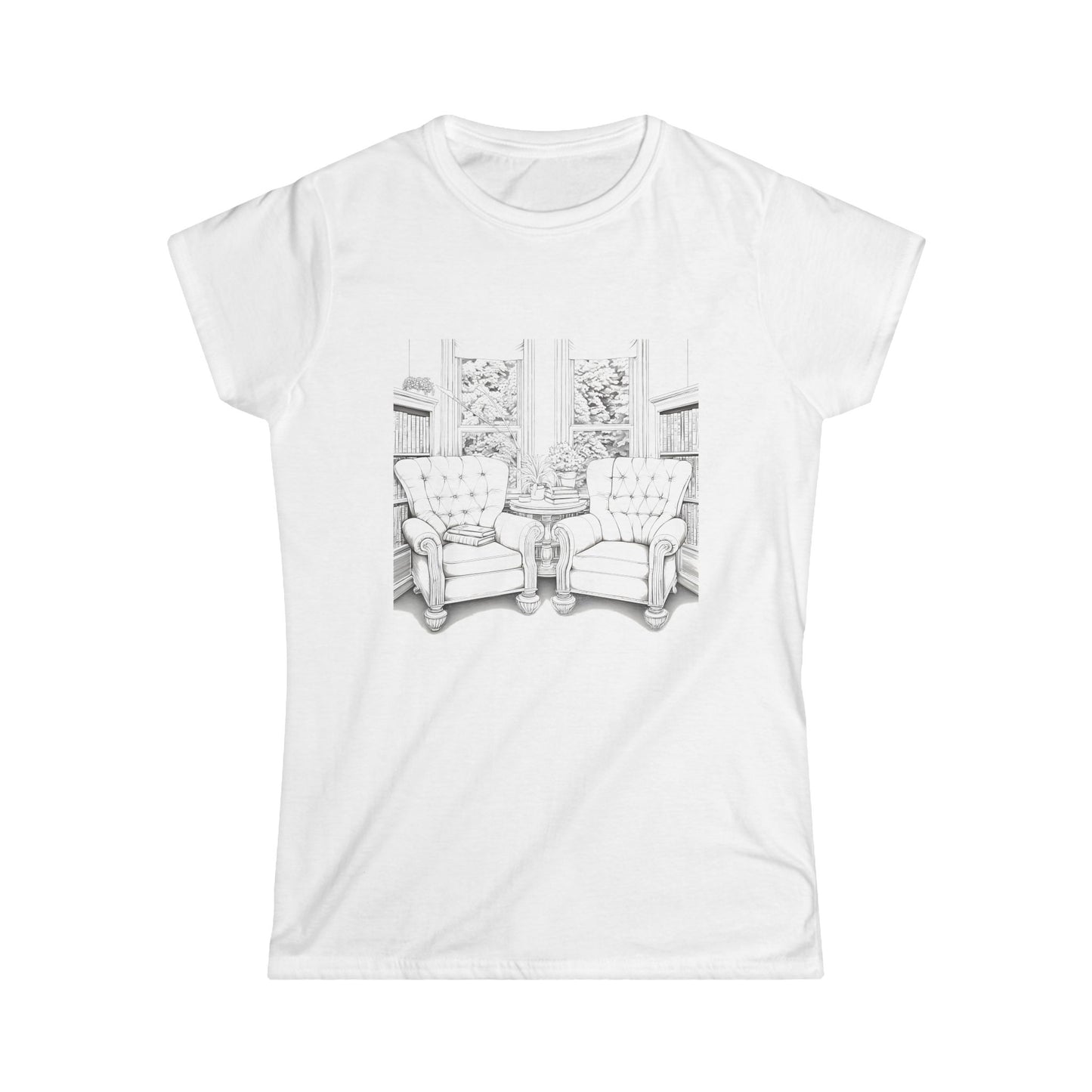 "Two armchairs facing each other in a stylized black and white illustration on a white T-shirt."