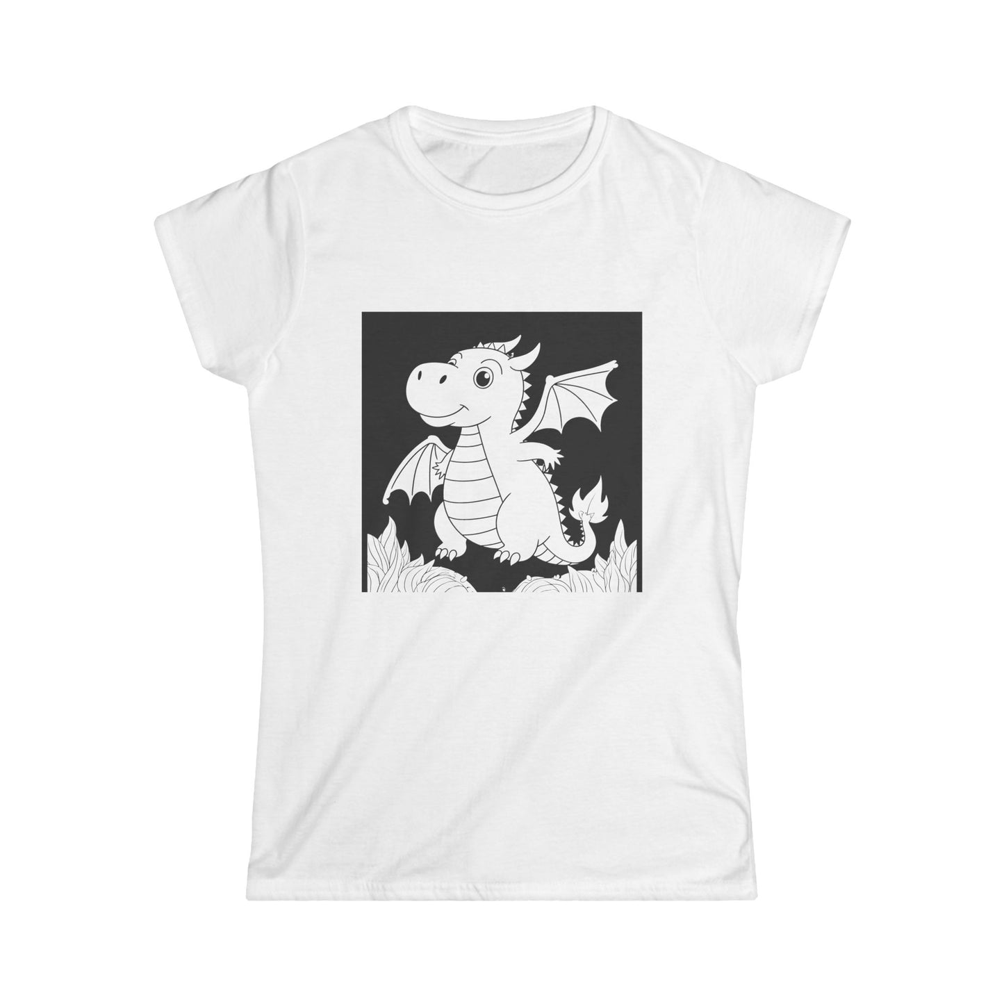 "White t-shirt featuring a cartoonish dragon character in dynamic pose on a dark background with flame elements."