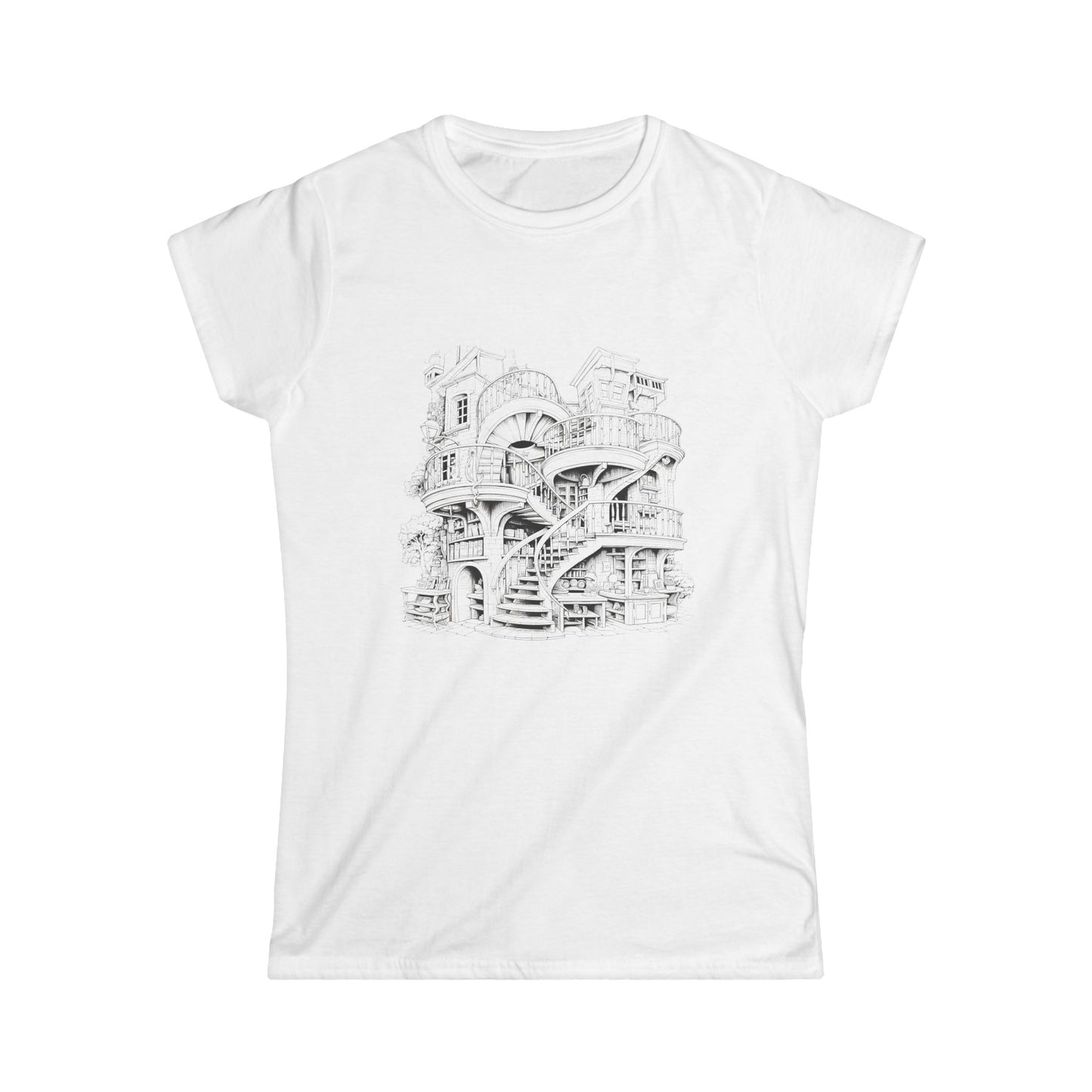 "White t-shirt featuring a black line drawing of an architectural building design on a cityscape background."