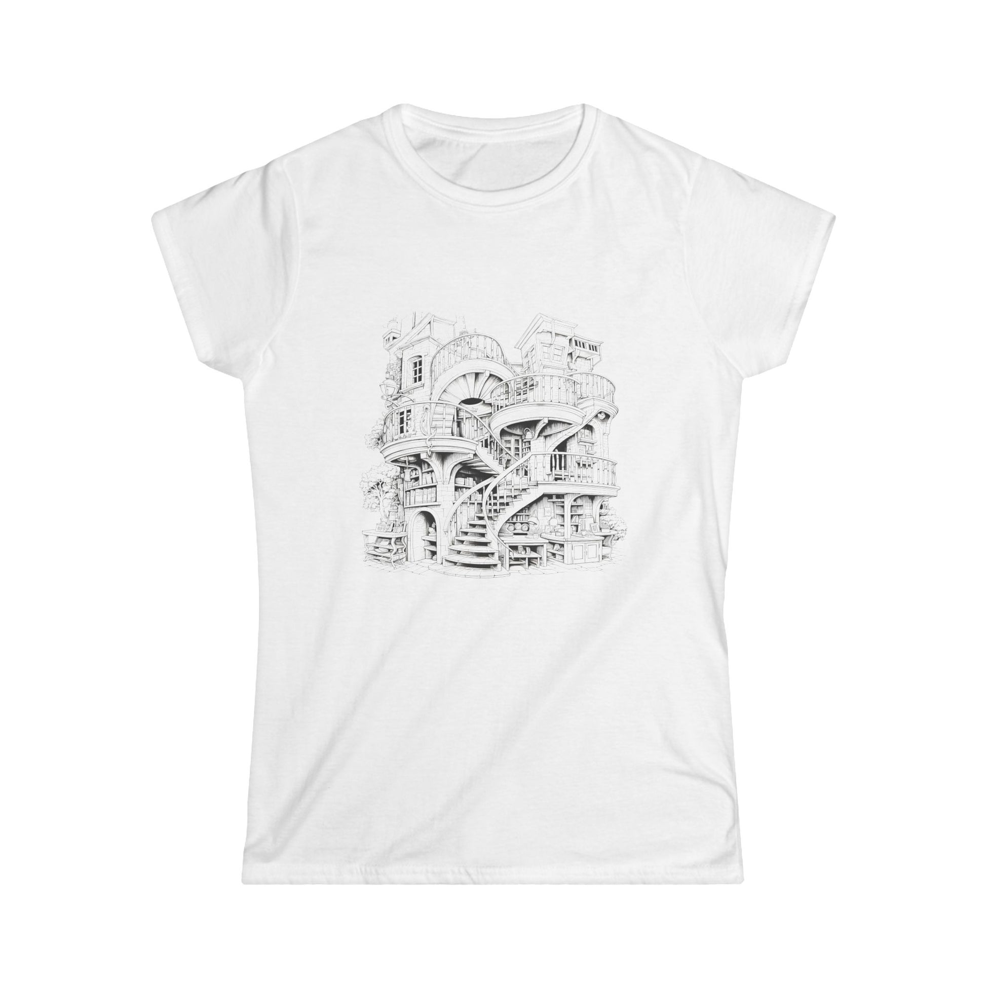 "White t-shirt featuring a black line drawing of an architectural building design on a cityscape background."